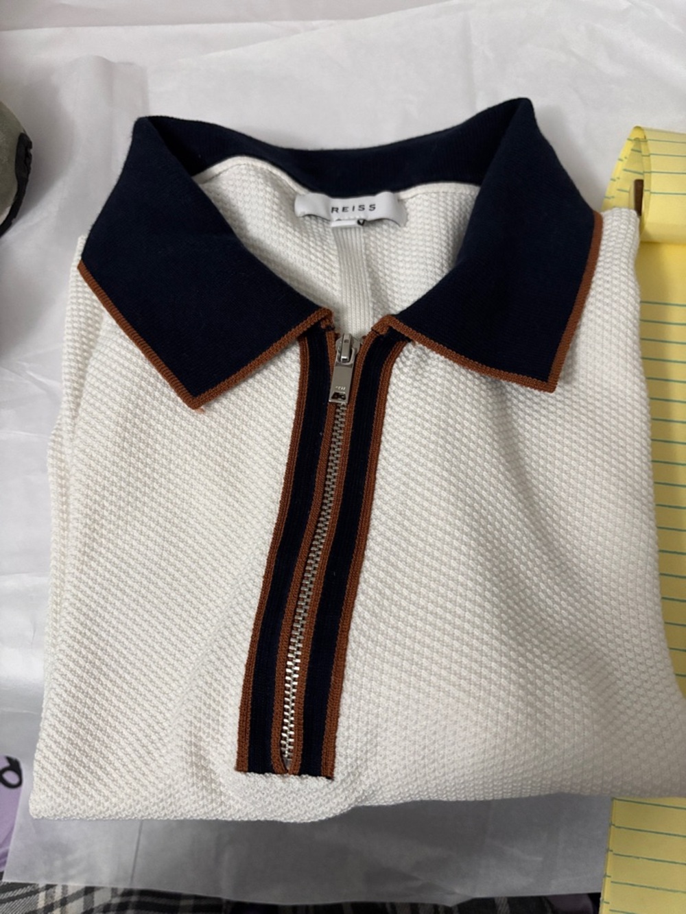 REISS 1/4 zippered textured polo shirt. White with navy blue trim.